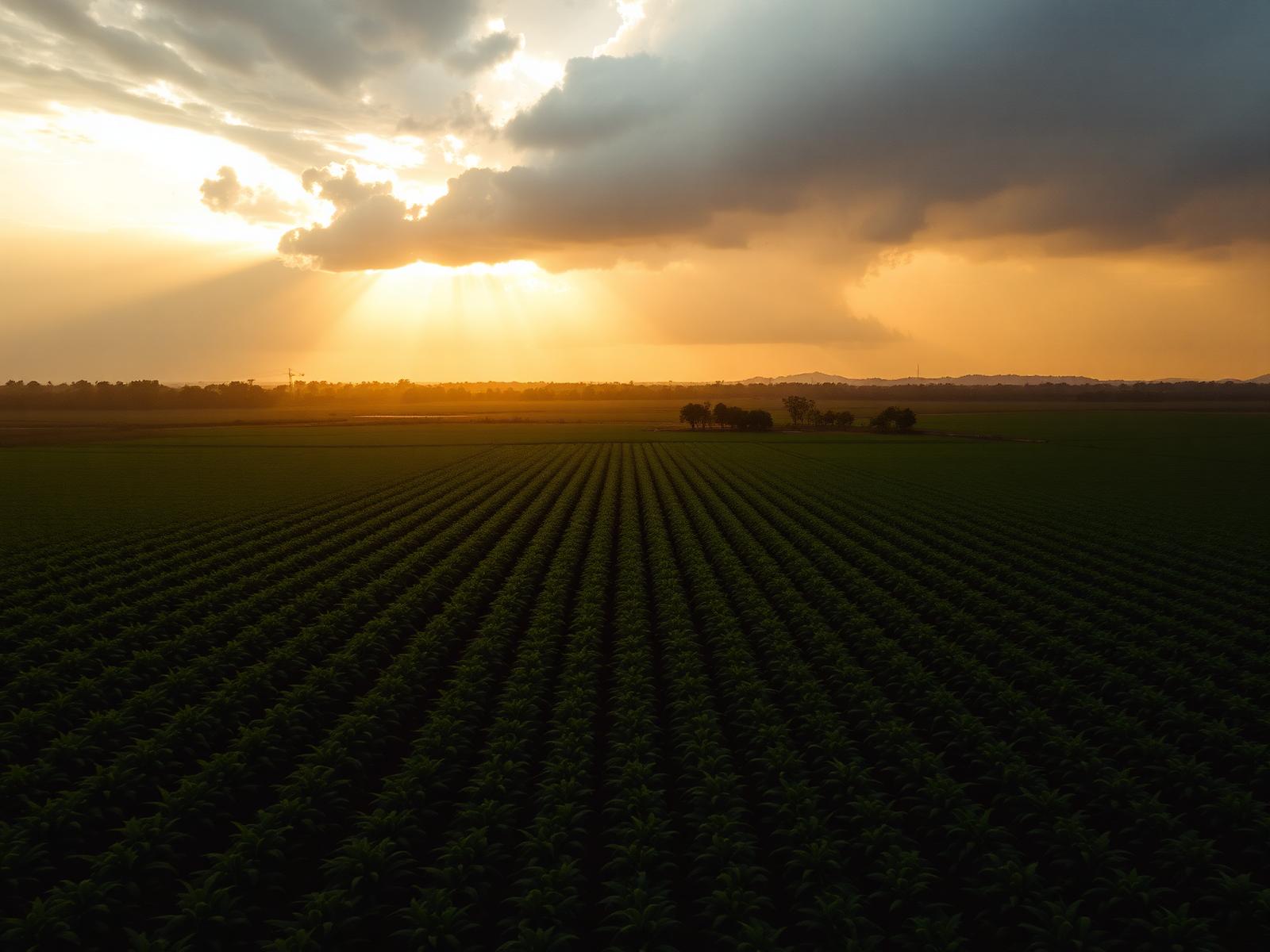 Lavoura de soja ao entardecer com nuvens de chuva no horizonte