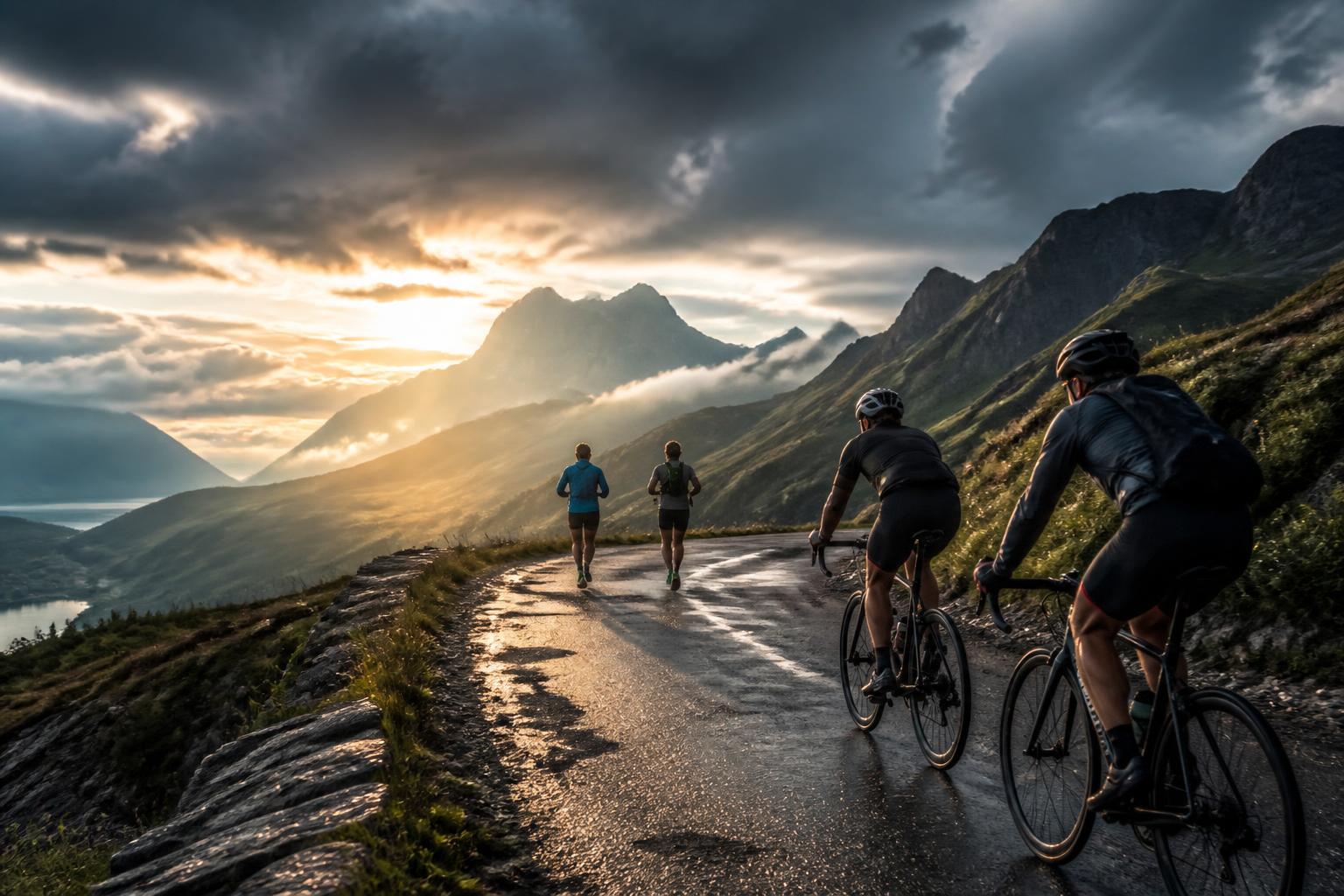 Ciclistas e corredores em uma estrada de montanha ao amanhecer, com nuvens dramáticas no horizonte